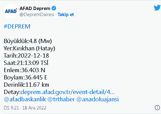 Hatayda 4,8 büyüklüğünde deprem