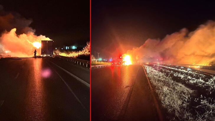 Bursa Balıkesir Karayolunda TIR'da çıkan yangın sazlık alana sıçradı